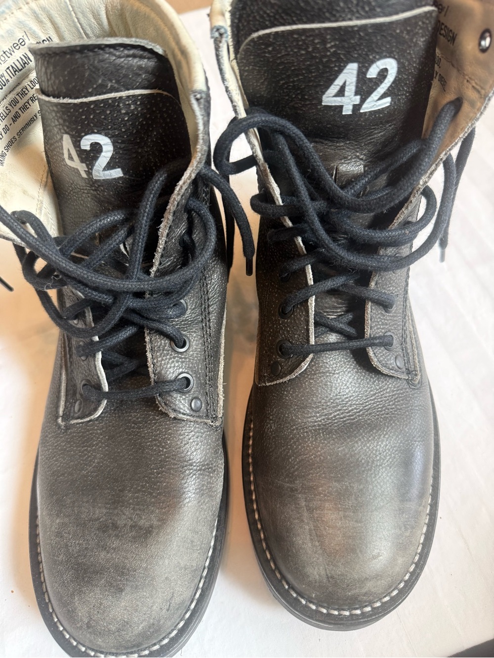 Diesel Black Leather Lace-Up Boots with White Interior Trim